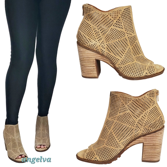 New Lucky brand vacob open toe chunky heel perforated suede ankle booties tan - Picture 2 of 13